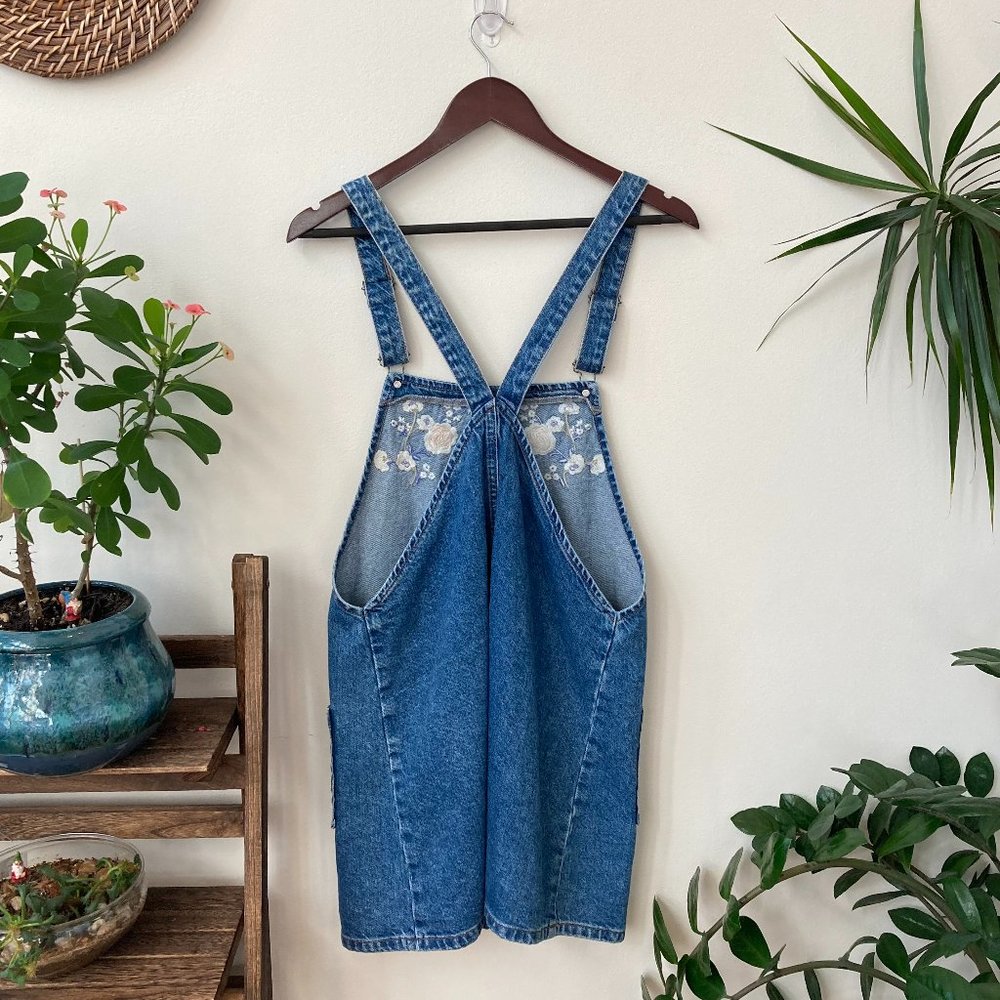 Vintage Blue Denim Pinafore Dress with White Floral Embroidery - Picture 2 of 4